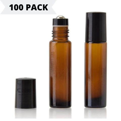 10ml Amber Glass Roller Bottle with Black Lid **100 Pack**