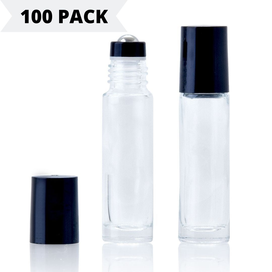 10ml Clear Glass Roller Bottle with Black Lid **100 Pack**