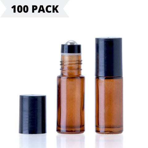 5ml Amber Glass Roller Bottle with Black Lid **100 Pack**