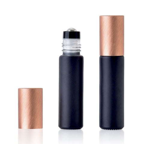 10ml Matte Black Glass Roller Bottle with Brushed Copper Lid (Pk 5)