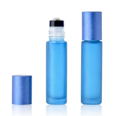 10ml Royal Blue Frosted Glass Roller Bottle with Brushed Blue Lid (Pk 5)