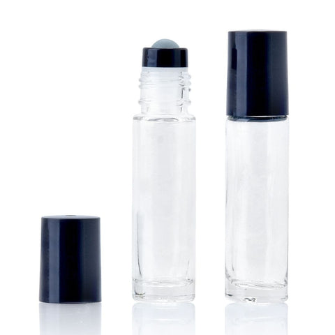 10ml Clear Glass Roller Bottle with Glass Roller Top and Black Lid