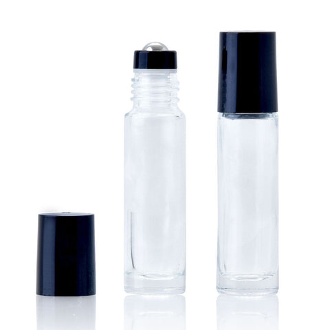 10ml Clear Glass Roller Bottle with Black Lid (Pk 5)