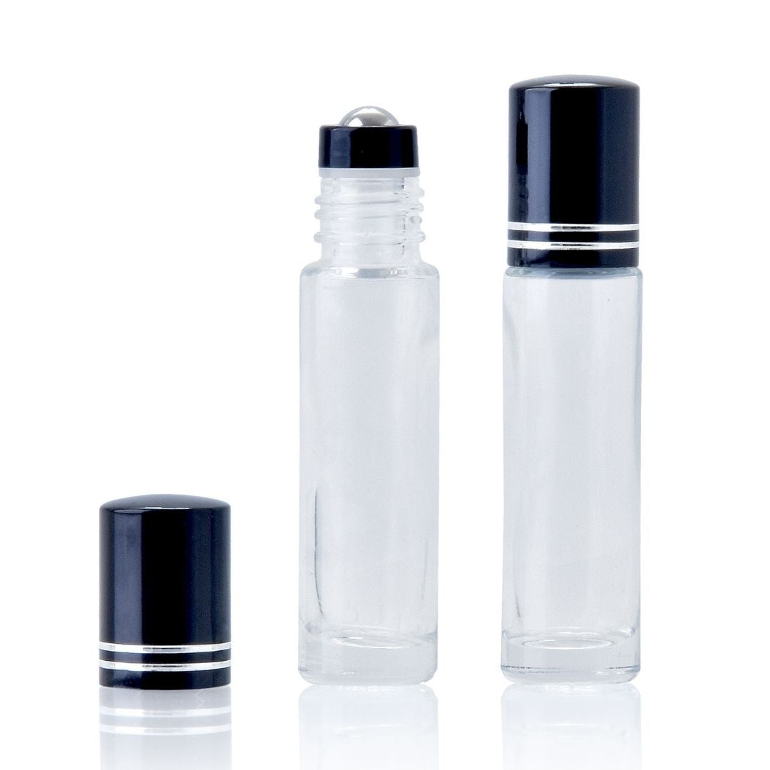 10ml Clear Glass Roller Bottle with Black/Silver Lid (Pk 5)