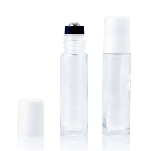 10ml Clear Glass Roller Bottle with White Lid (Pk 5)