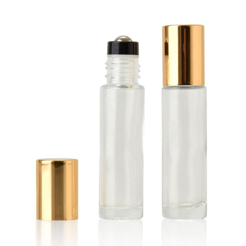 10ml Clear Glass Roller Bottle with Shiny Gold Lid (Pk 5)
