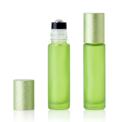 10ml Green Frosted Glass Roller Bottle with Brushed Green Lid (Pk 5)