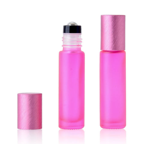 10ml Hot Pink Glass Roller Bottle with Brushed Pink Lid (Pk 5)