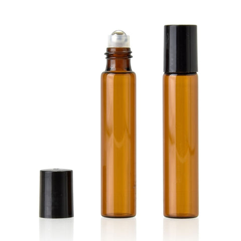 10ml Thin Amber Glass Roller Bottle with Black Lid (5 pack)