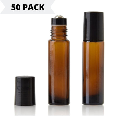 10ml Amber Glass Roller Bottle with Black Lid **50 Pack**