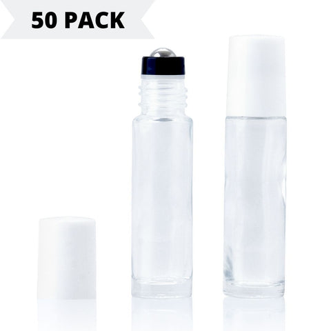 10ml Clear Glass Roller Bottle with White Lid **50 Pack**