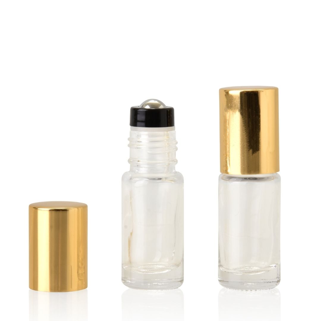5ml Clear Glass Roller Bottle with Shiny Gold Lid (5 pack)