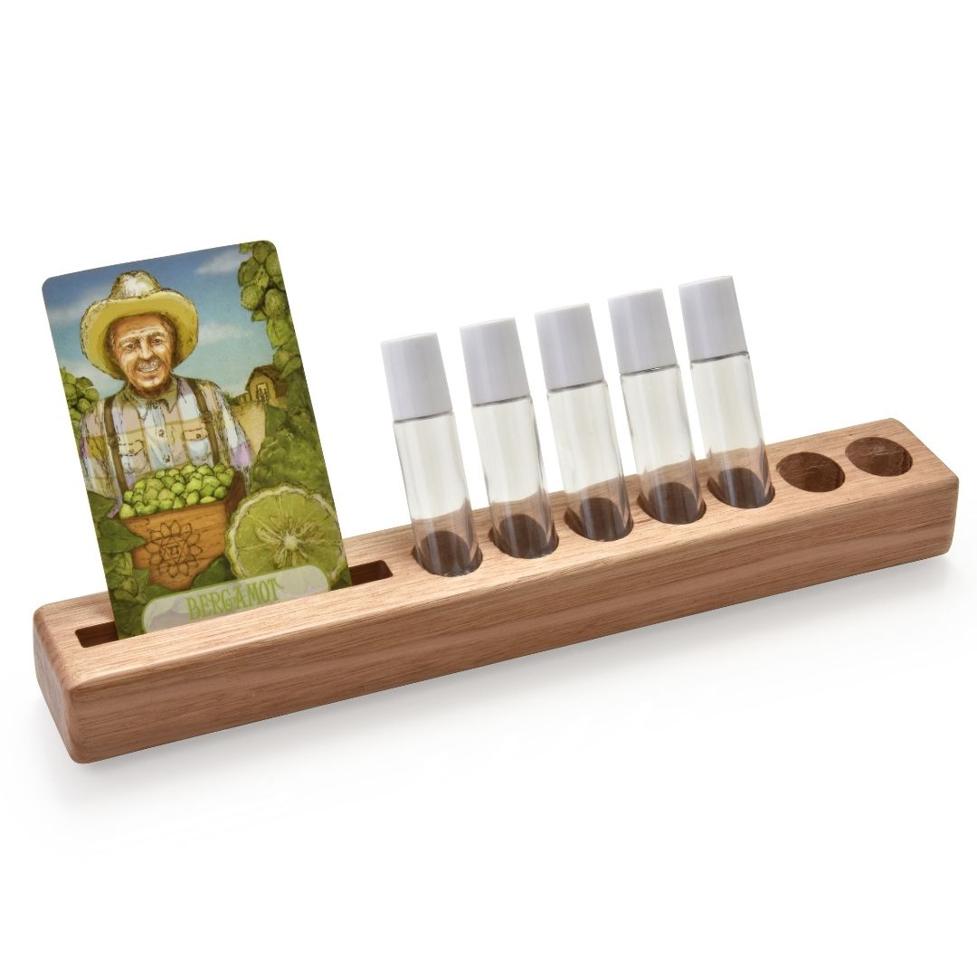 7 x Roller Bottle and Card Wooden Stand
