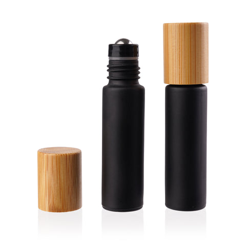 10ml Matte Black Glass Roller Bottle with Bamboo Lid (Pk 5)