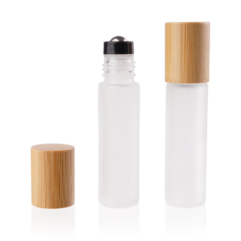 10ml Frosted Glass Roller Bottle with Bamboo Lid (5 pack)