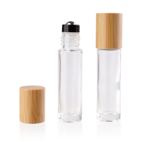 10ml Clear Glass Roller Bottle with Bamboo Lid (Pk 5)